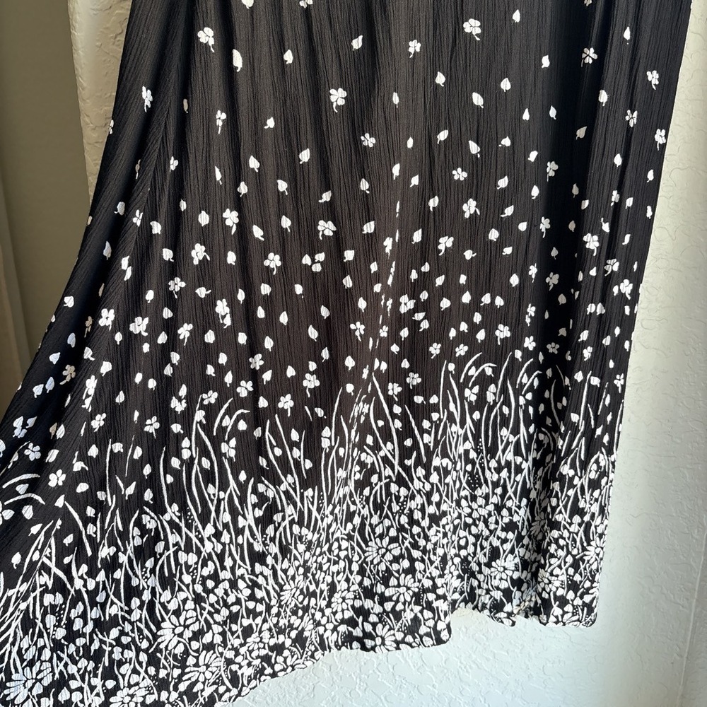 Women M Midi Skirt Floral 90s Vintage Border Print Black White Rayon Cotton - Picture 2 of 7
